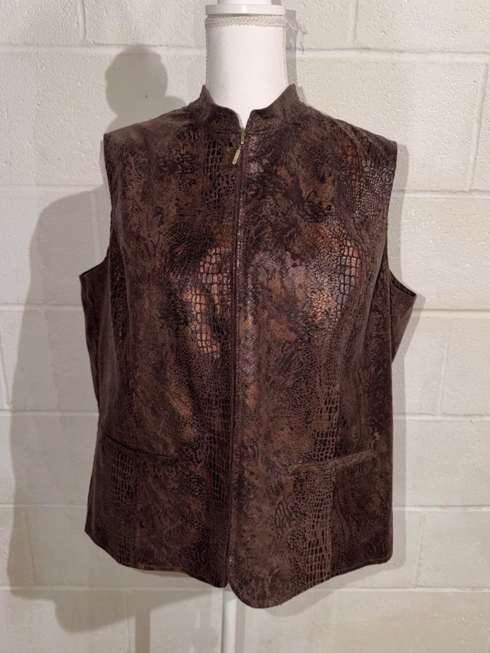 Alia Brown Croc-Embossed Faux Suede Zip-Front Vest